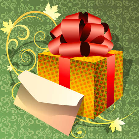 Illustration with gift and greeting letter against festive background with floral element drawn in retro styleのイラスト素材