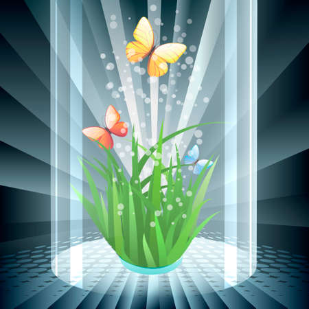 Illustration of sprouts and butterflies inside glass flask as allegory of  modern nature protection programのイラスト素材