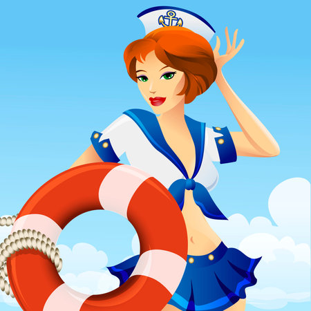Illustration of  pretty woman in sailor uniform with lifebuoy drawn in retro cartoon styleのイラスト素材
