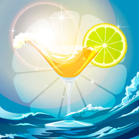 Illustration of drink wave and lime slice in a cocktail glass against wavy backgroundのイラスト素材