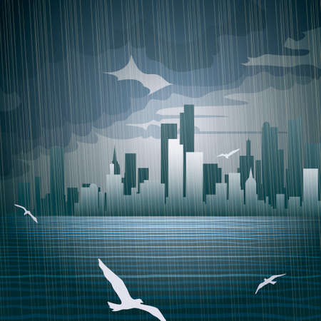 Illustration of flying sea birds above a river during heavy rain against city contours and dark cloudy skyのイラスト素材