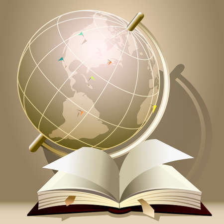 illustration of diary and globe with marked places drawn in retro style with using sepia paletteのイラスト素材