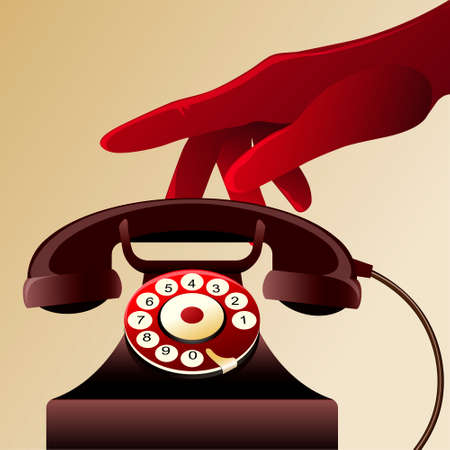 Illustration of woman palm in a red glove above the old telephone drawn in vintage styleのイラスト素材