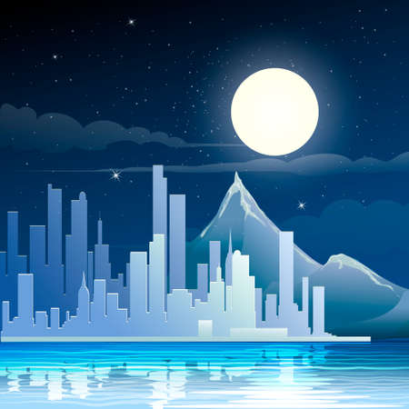 Illustration of modern city on a river against mountains and moon  in star midnight skyのイラスト素材