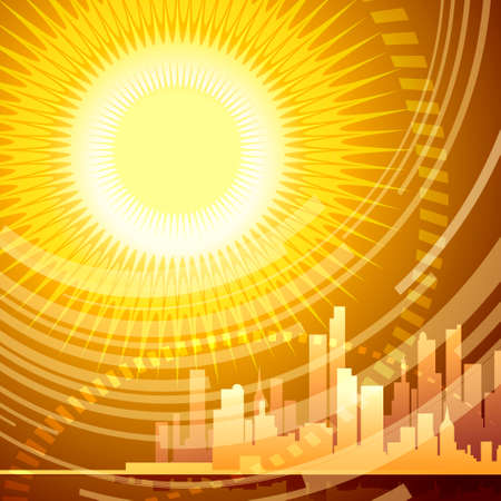 Abstract Illustration of modern city against beams of the huge sun drawn with using gradients in poster styleのイラスト素材