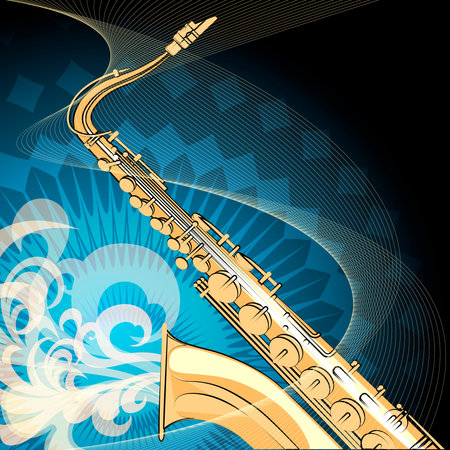 Illustration of saxophone against swirls background drawn with using selfmade patternのイラスト素材