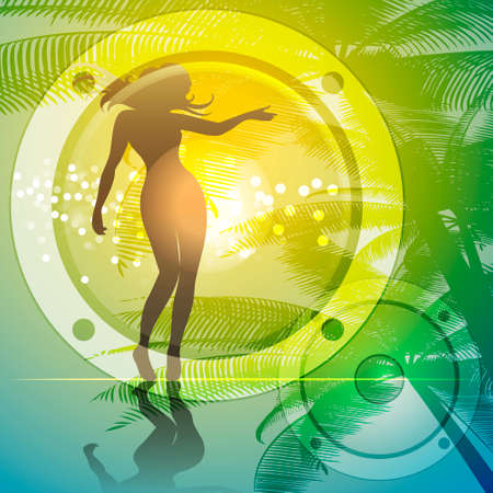 Abstract illustration of tropical seashore with woman silhouette against loudspeakers and palm treesのイラスト素材