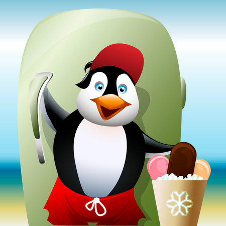 Funny illustration of little penguin who stays on a beach near a fridge and sells ice creamsのイラスト素材