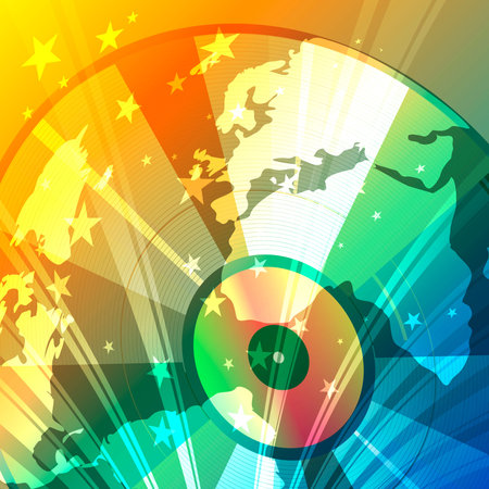 Illustration of vinyl disc with globe geography surface against festive rainbow backgroundのイラスト素材