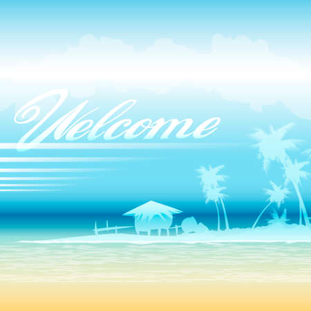 Illustration of tropic island against clear blue sky drawn in placard styleのイラスト素材