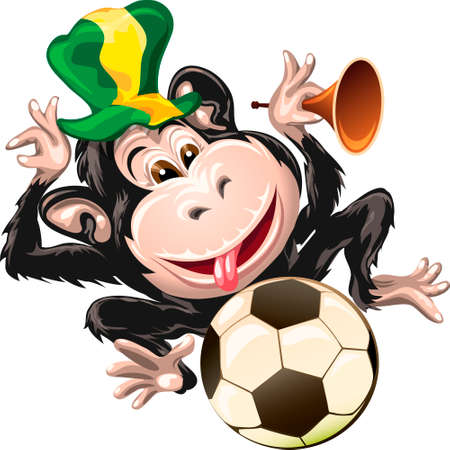 Illustration of joyful football fan monkey in a fan hat with soccer ball and pipeのイラスト素材