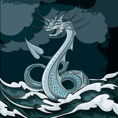 Illustration of sea dragon floating in the sea drawn in cartoon styleのイラスト素材