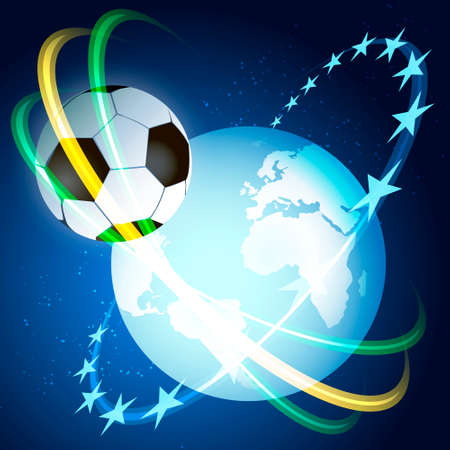 Illustration of flying soccer ball  against globe in spaceのイラスト素材