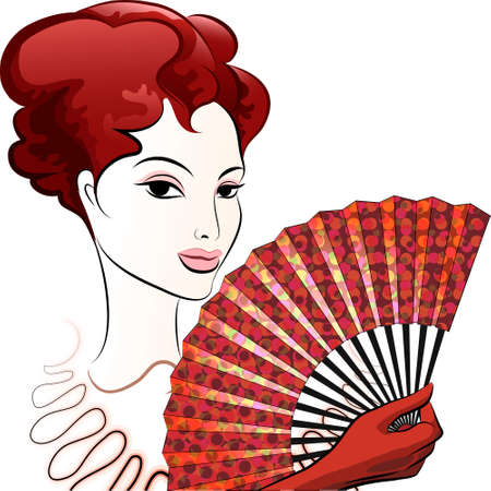 Illustration of beautiful woman in red gloves with a open fanのイラスト素材