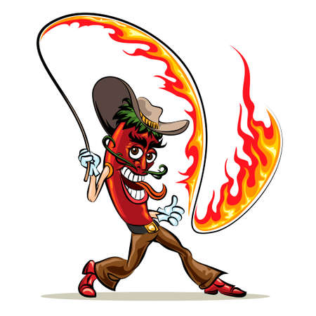 Humorous illustration of red hot chili pepper in cowboy clothes with a  lash of fireのイラスト素材