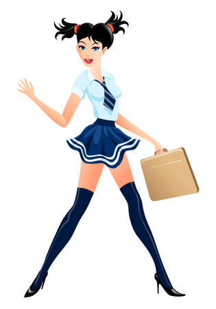 Illustration of  pretty young girl in high school uniform with brief case drawn in cartoon styleのイラスト素材