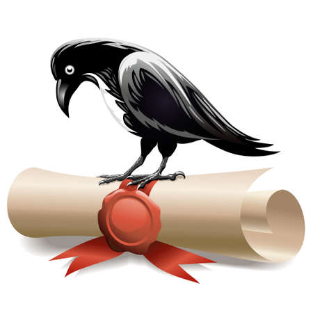 Illustration of Black raven sitting on a diplomaのイラスト素材