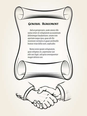 Illustartion of roll with place for text of agreement and handshake sign drawn in retro engraving styleのイラスト素材