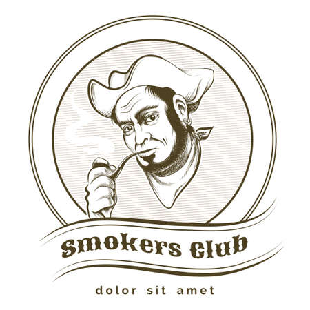 Smokers club label or emblem with old pirate. Isolated on white background. Only free fonts used.のイラスト素材