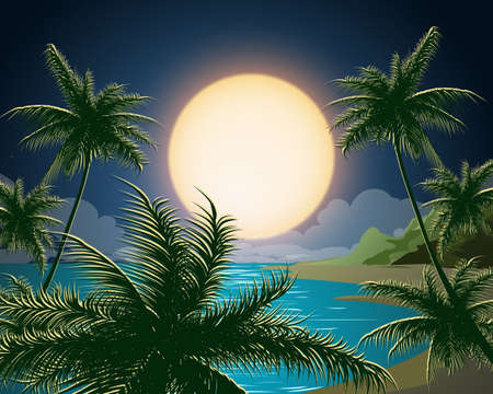 Tropical seascape. Sea island  with palm trees, mountain. moon and clouds.のイラスト素材