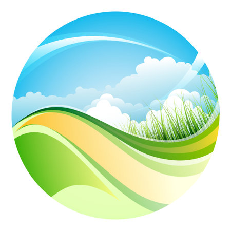 Sphere with shiny summer landscape. Sky, grass and clouds. Isolate on white.のイラスト素材