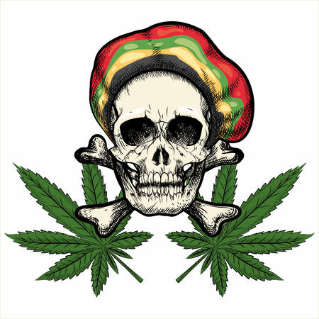 Skull in Rastaman cap and Marijuana leaves. Isolated on white background.のイラスト素材