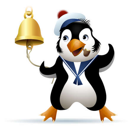 Seaman penguin in sailor cap rings a noon bell. Illustration drawn in cartoon style.のイラスト素材