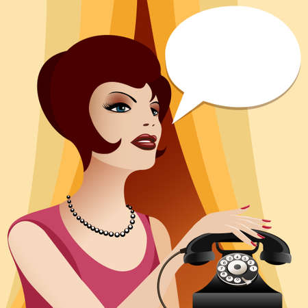 Woman in vintage clothes and pearl necklace with retro phone. Empty think bubble for your text.のイラスト素材