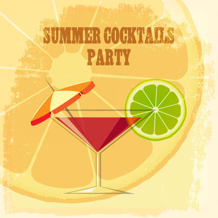 Summer Cocktail Party Theme. Cocktail drink with lime slice and umbrella on grunge background.のイラスト素材