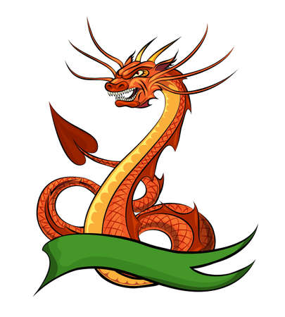 Red dragon and green ribbon for your text isolated on white. Illustration in cartoon style.のイラスト素材
