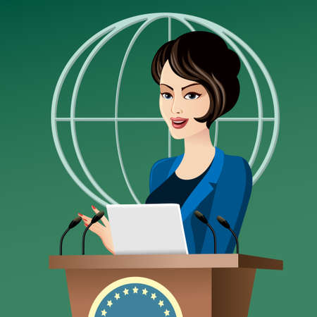 Beautiful elegant politician woman giving a speech in front of a microphones.のイラスト素材
