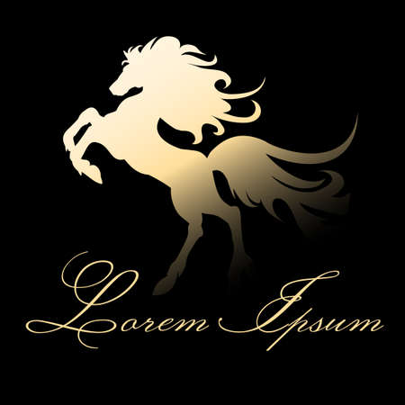 Running Stallion or mustang Emblem.Horse silhouette on black background and sample text.のイラスト素材