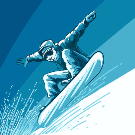 Jumping snowboarder. Colorful illustration in sketch style.のイラスト素材