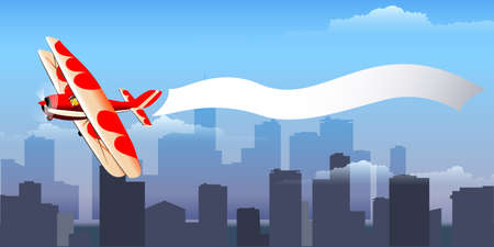 Retro airplane with banner for your text flying against morning cityscape.のイラスト素材