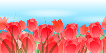 Flower horizontal seamless border. Red tulips against blue sky.のイラスト素材