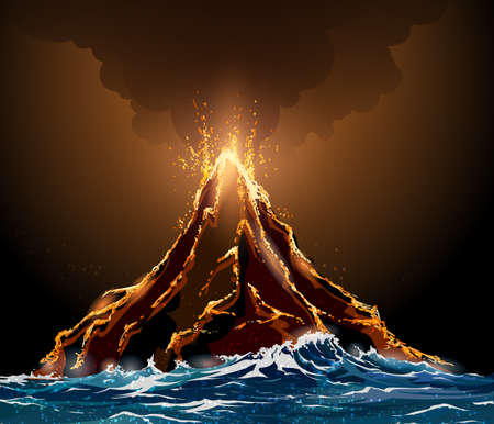 Eruption volcano island in the ocean. Lava flowing from the mountain against pillar of smoke.のイラスト素材