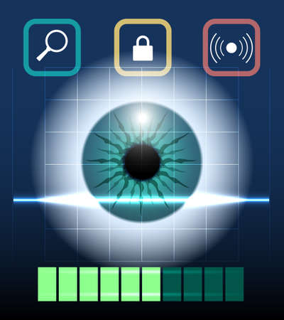 Eye retina scan emblem. Virtual verification identity concept, scanning biometry, modern contemporary technology  illustrationのイラスト素材