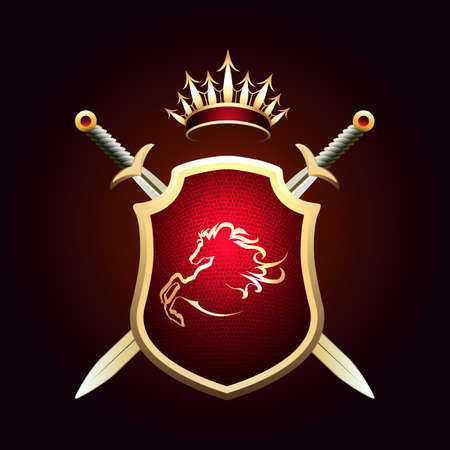 Coat of Fame or coat of arms with two swords and golden Crown. Shield with Wild Stallion on dark background.のイラスト素材
