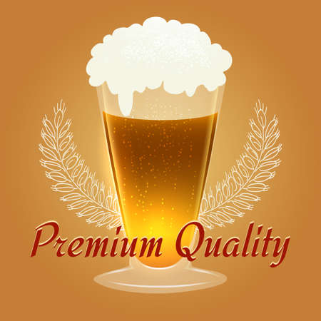 Glass of beer with barley wings and wording Premium Quality.のイラスト素材