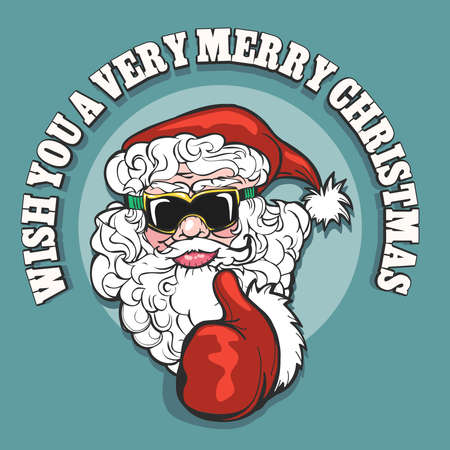 Cheerful Santa Claus in snowboarding glasses show thumb up gesture against wording Wish You a Very Merry Christmas. Vector illustration.のイラスト素材