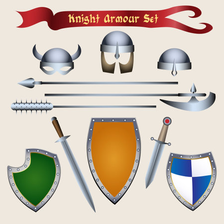 Medieval Tournament accessories and knight armour elements. Vector illustration in cartoon style.のイラスト素材