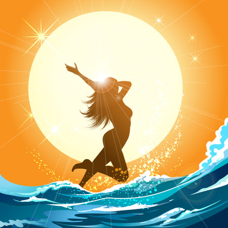 Beautiful young girls running in the sea. Summertime or vacation poster design elementのイラスト素材