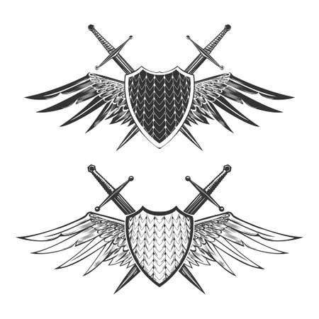 Two shields with swords and wings. Knight or heraldic design elements. Vector illustration isolated on white.のイラスト素材
