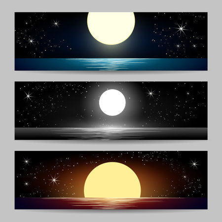 Set of seascapes with full moon at the night sea. Vector illustrationのイラスト素材
