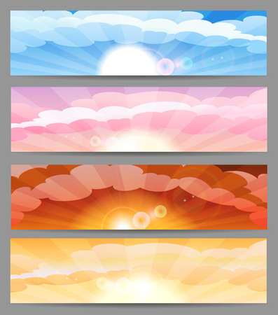 Set of four colorful banners showing skies at different times of the day Vector illustration.のイラスト素材
