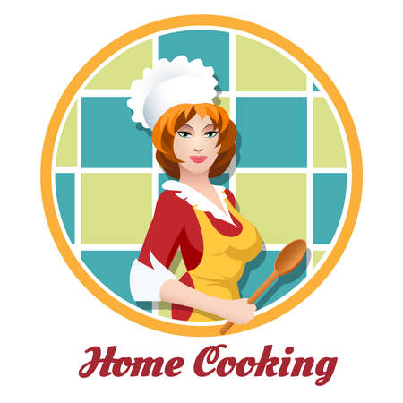 Beautiful woman with cooking spoon. Culinary or Home cooking emblem. vector illustration.のイラスト素材