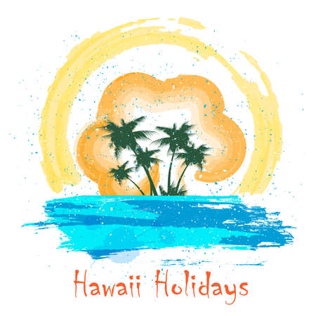 Palm beach at sunset. Summer holidays poster in watercolor grunge style. Vector illustration.のイラスト素材
