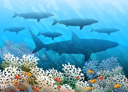 Shoal of sharks swimming over coral seabed. Vector illustration.のイラスト素材