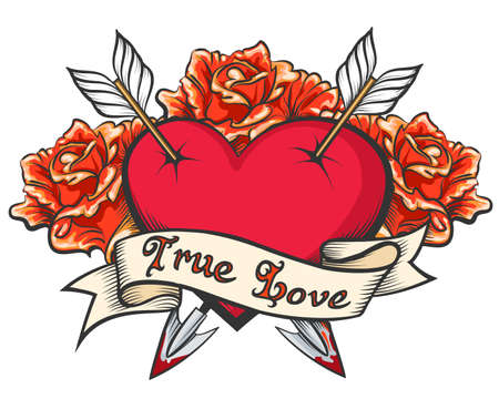 Heart Pierced by two arrows with ribbon and  lettering True Love. Vector illustration in tattoo style.のイラスト素材