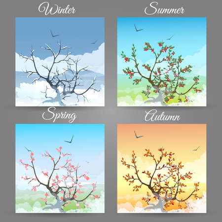 Set of cherry tree in different seasons illustration.のイラスト素材